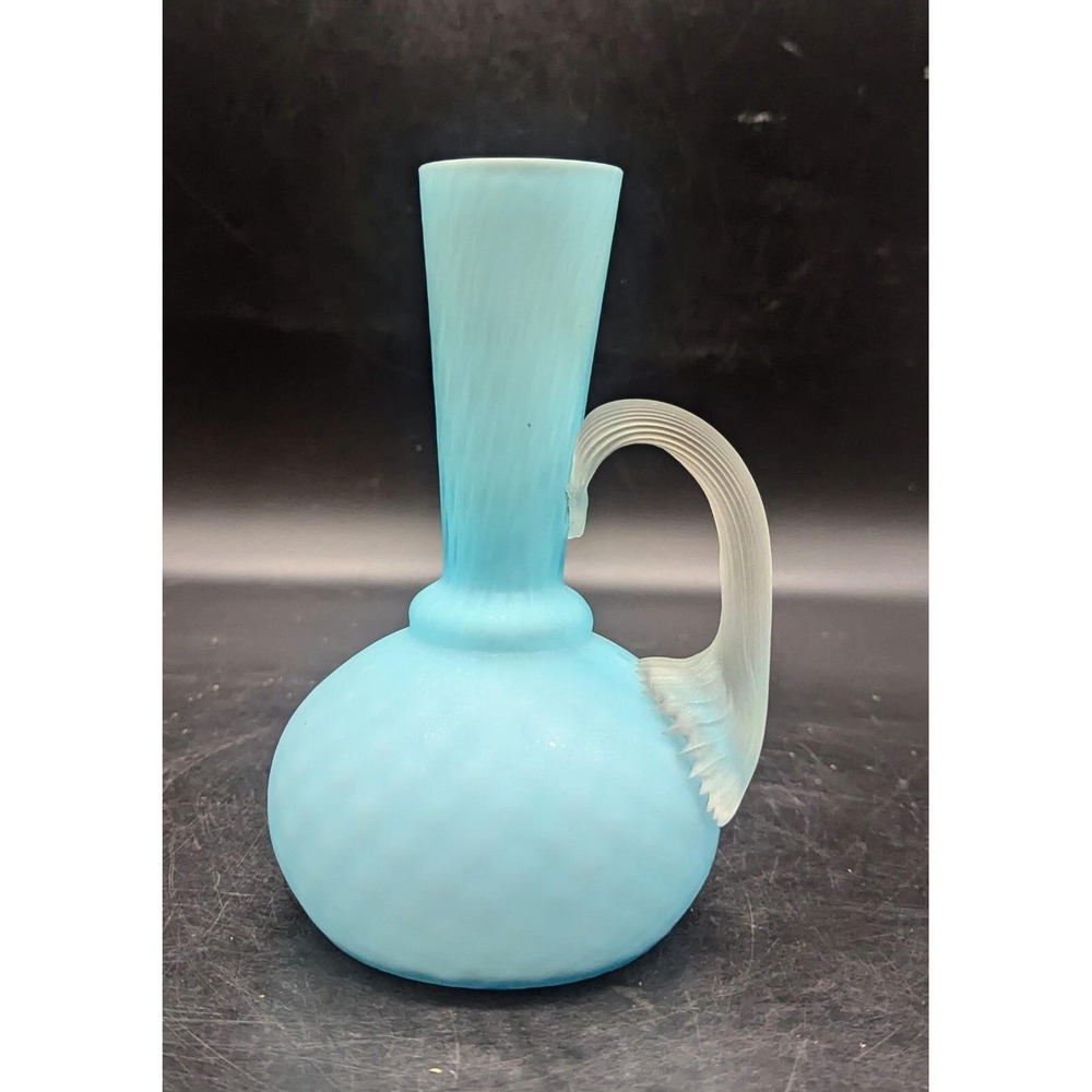 Antique Stevens And Williams Mother Of Pearl Blue Quilted Satin Glass Pitcher 7"